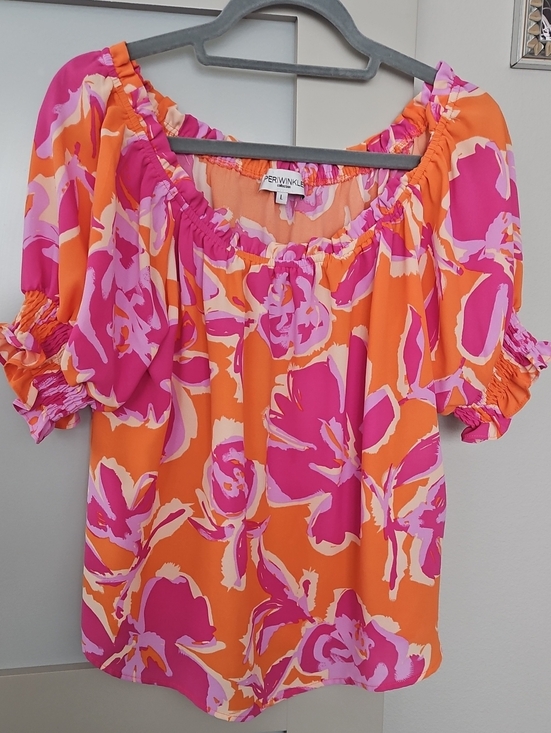 Periwinkle by Barlow Tops - Periwinkle by Barlow Off-Shoulder Floral Top in Orange & Pink